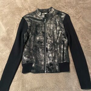 Like Love Black/Silver Leather/Metallic Zip Sweater Top, Women’s M
